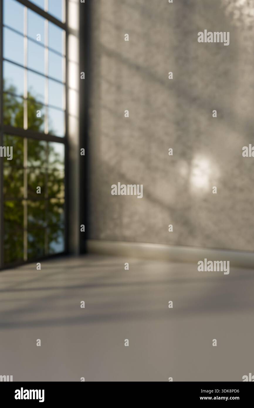 Sunlight creates soft shadows through window panes on a blank wall and floor. 3d rendering Stock Photo