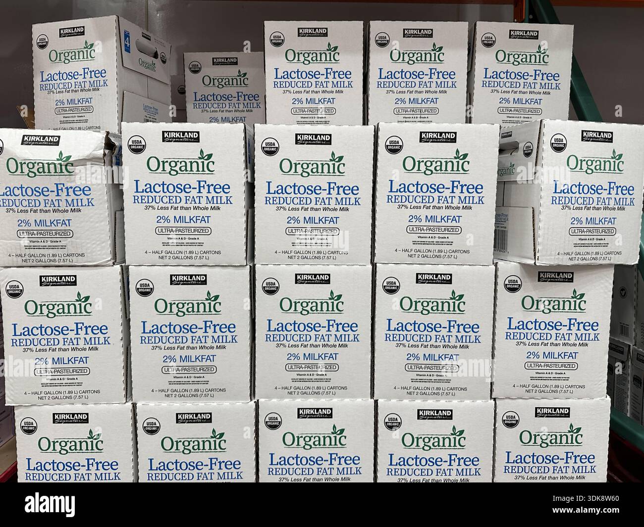 Cartons of Kirkland Organic Lactose-Free milk in the refrigerated section of a Costco Wholesale store. Merrillville, IN USA - January 29, 2026 - Smartphone Captured Stock Image