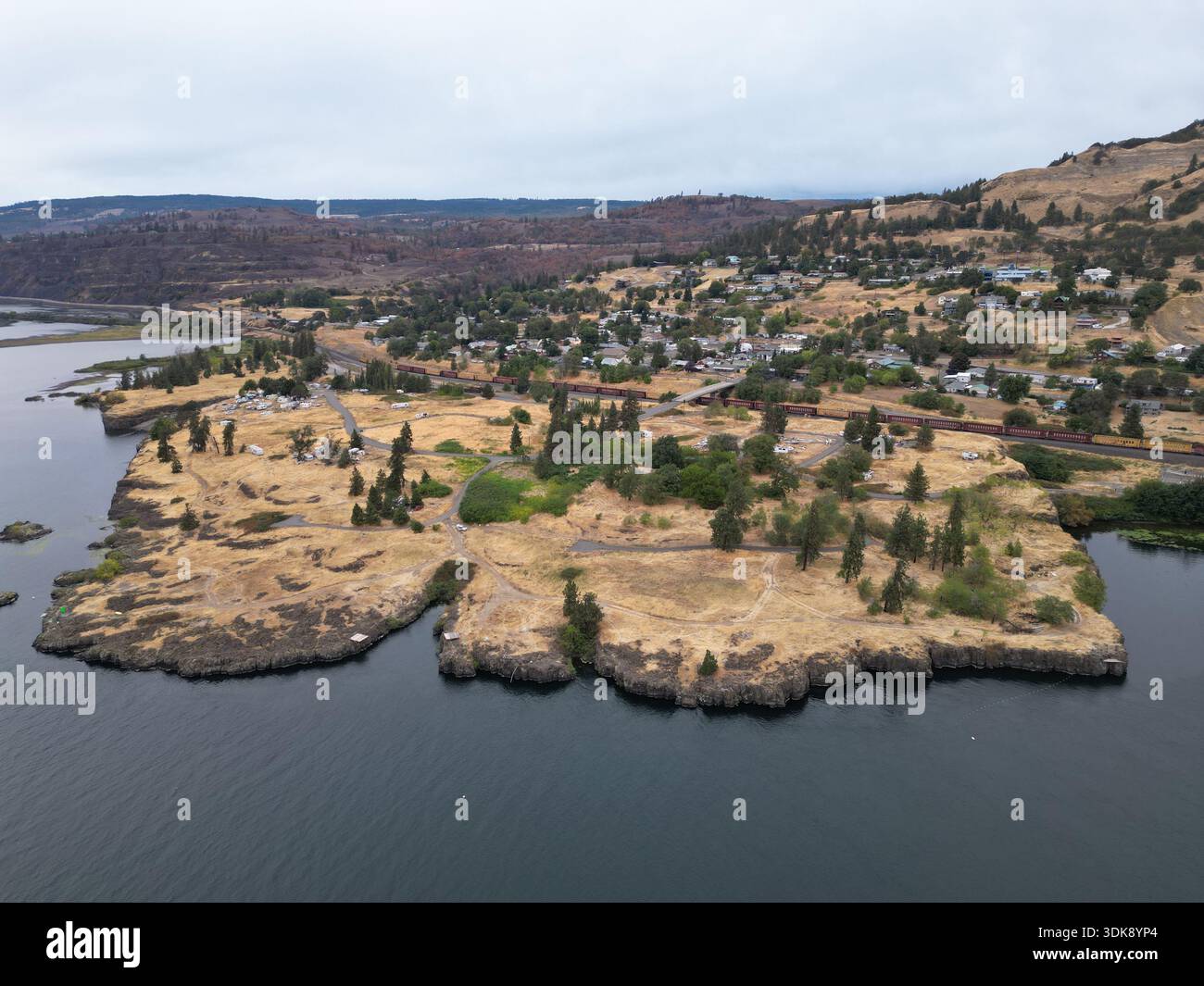 Aerial view of Lyle, Washington along the Columbia River in Klickitat county Stock Photo
