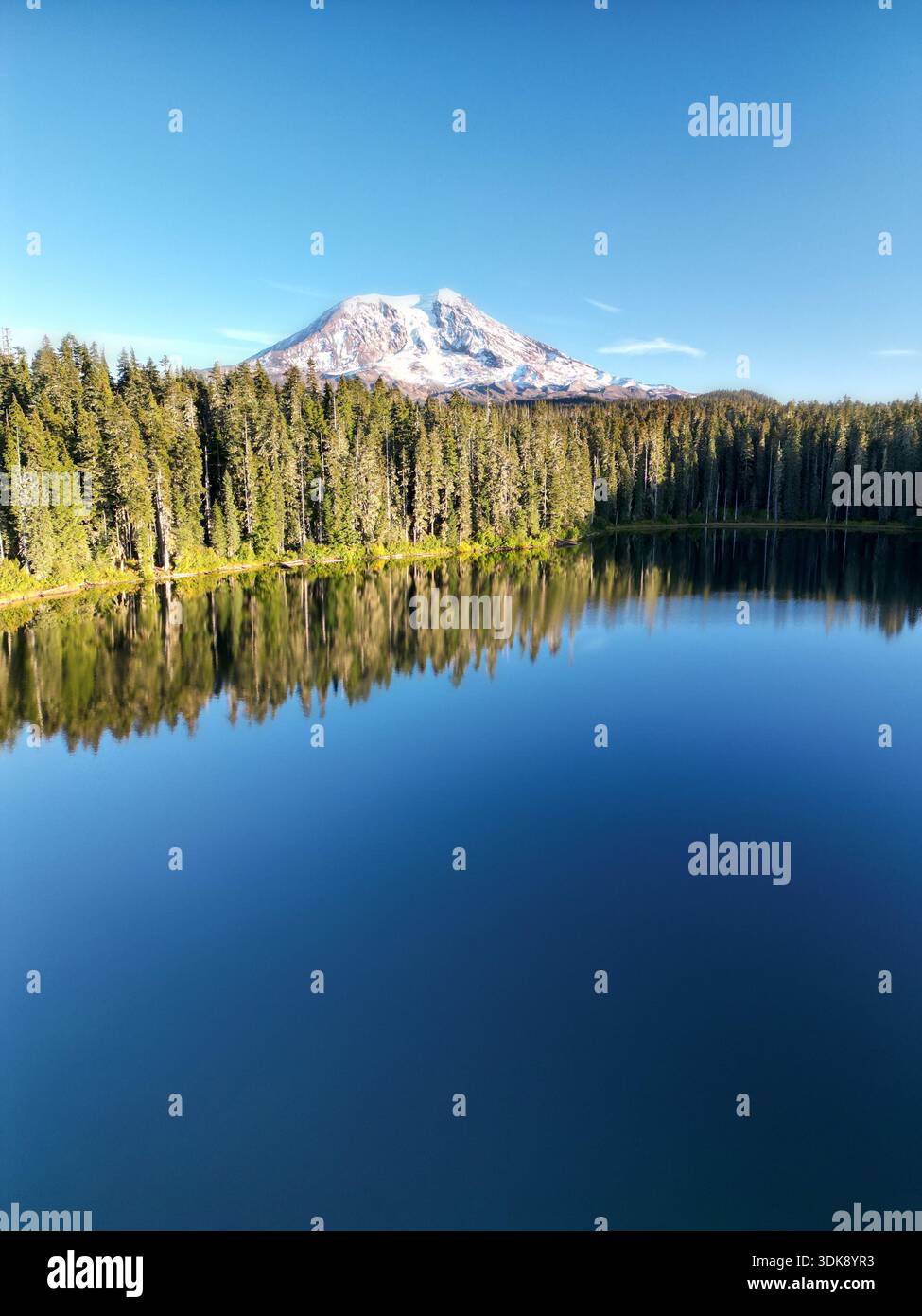Aerial view of Mt. Adams and calm Takhlakh Lake in Gifford-Pinchot ...