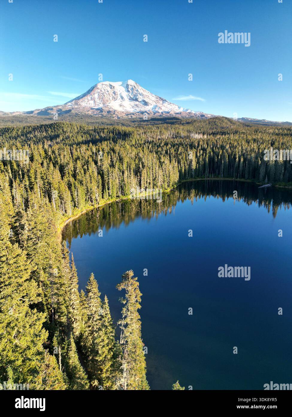 Aerial view of Mt. Adams and calm Takhlakh Lake in Gifford-Pinchot ...