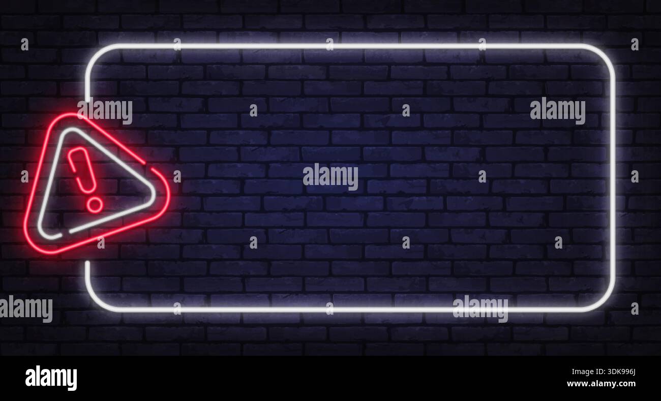 White neon frame with red warning sign on dark brick wall. Clean glowing style fits alert messages, notifications, or caution layouts. Stock Vector