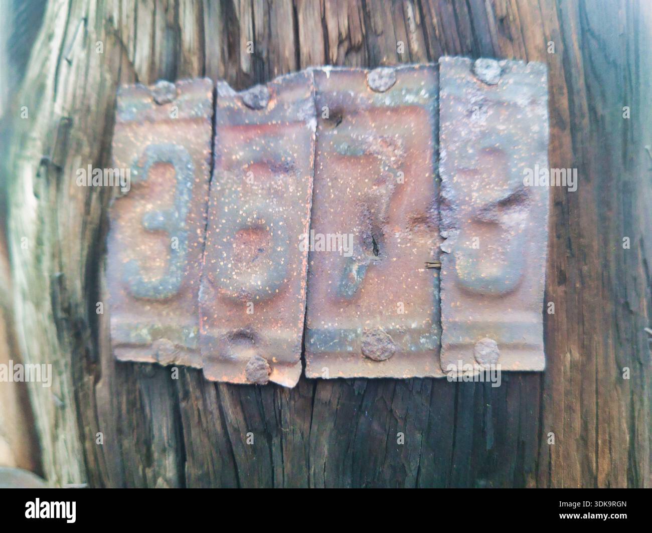 Macro view of rusty metal plates nailed to a dark wooden utility pole in Budapest. Features embossed numbers 3673 with heavy oxidation and weathered i Stock Photo