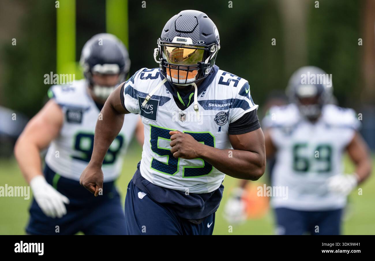 Seattle Seahawks linebacker Boye Mafe warms up during an NFL football ...