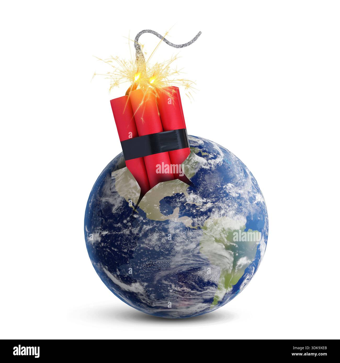 Dynamite bomb sticking out of Earth globe ready to explode. Destruction ...