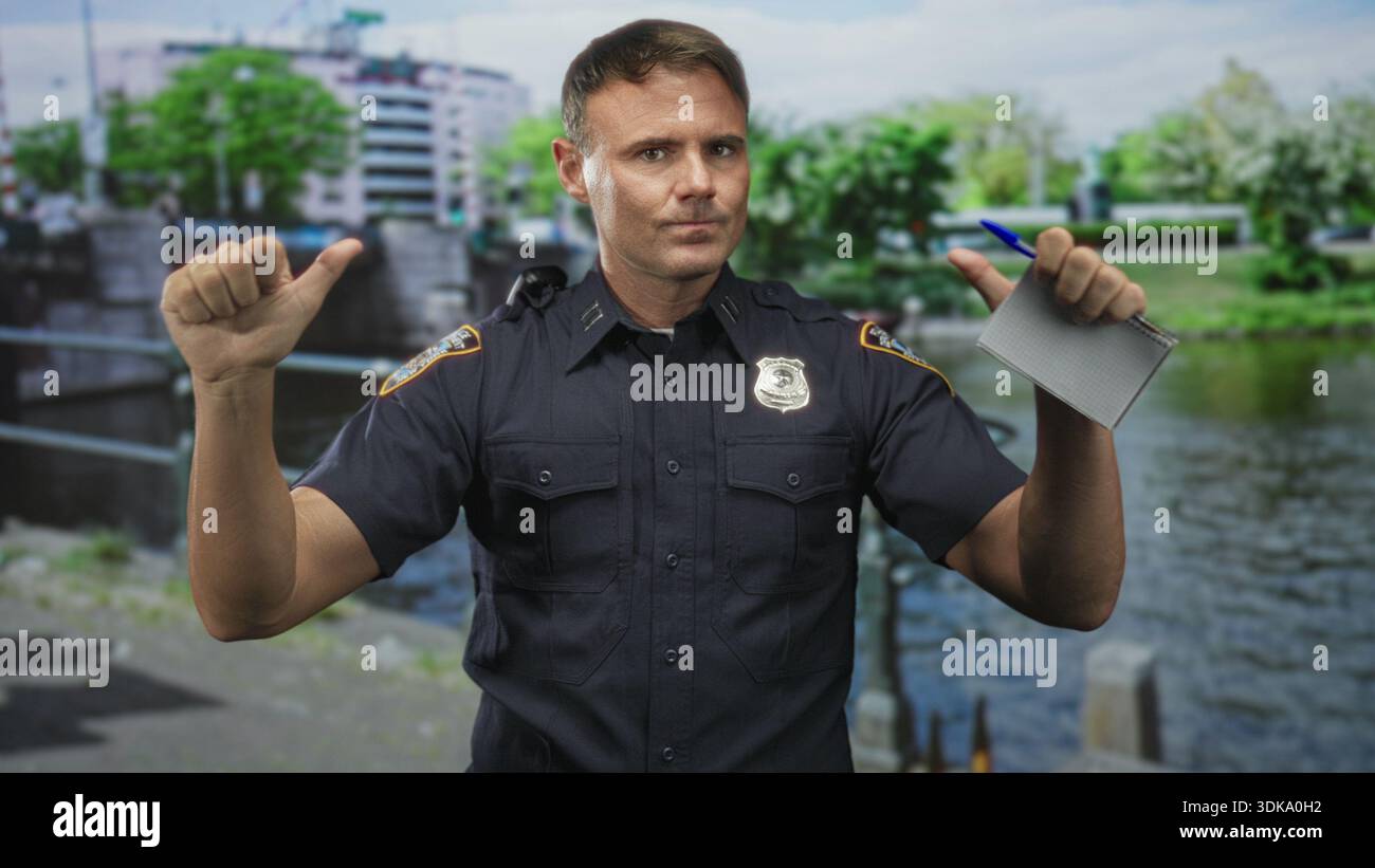 Police officer man in uniform wearing badge and radio, holding notepad ...