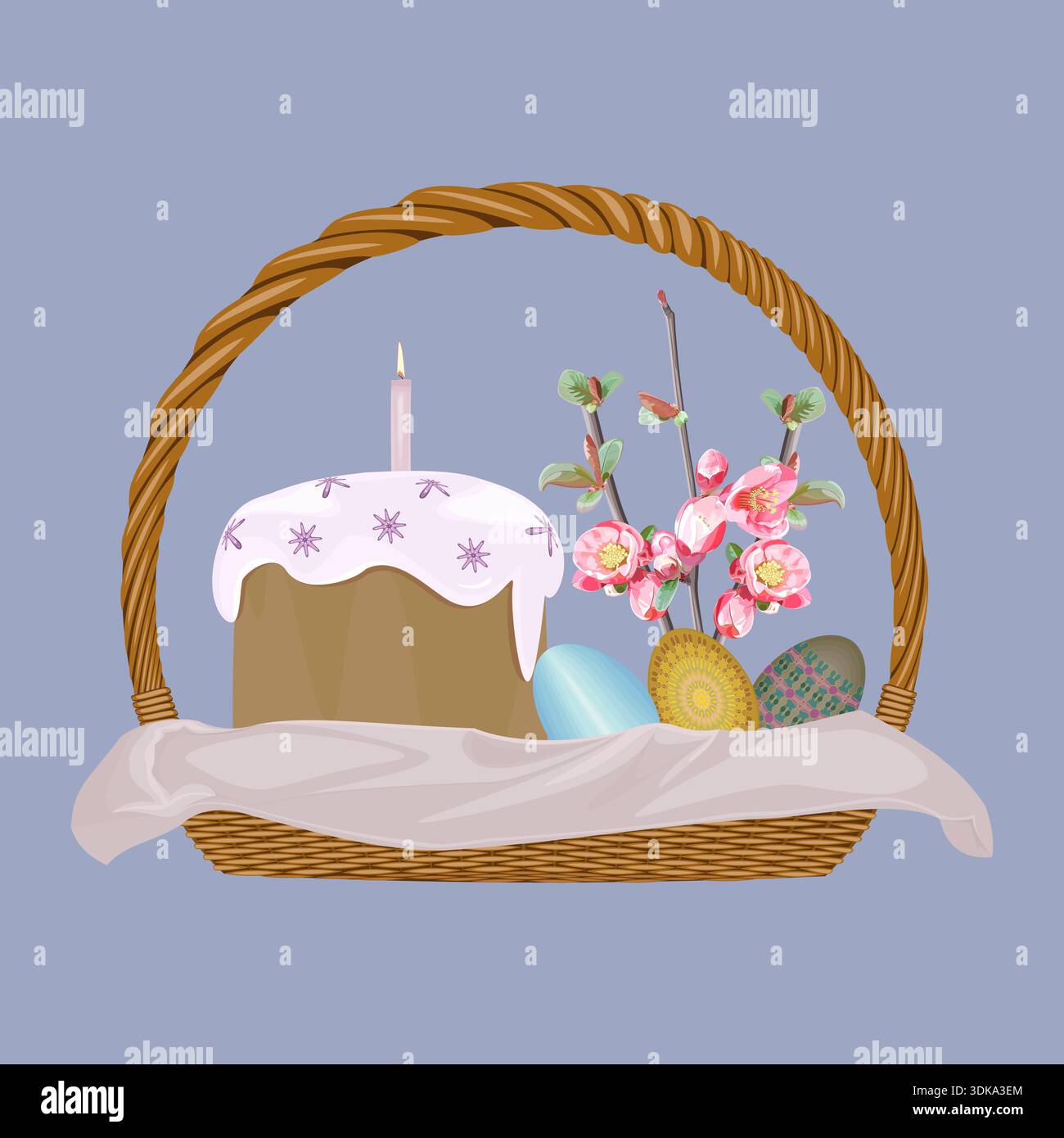 Easter basket with painted eggs, Easter cake, twigs, and a candle Stock Vector