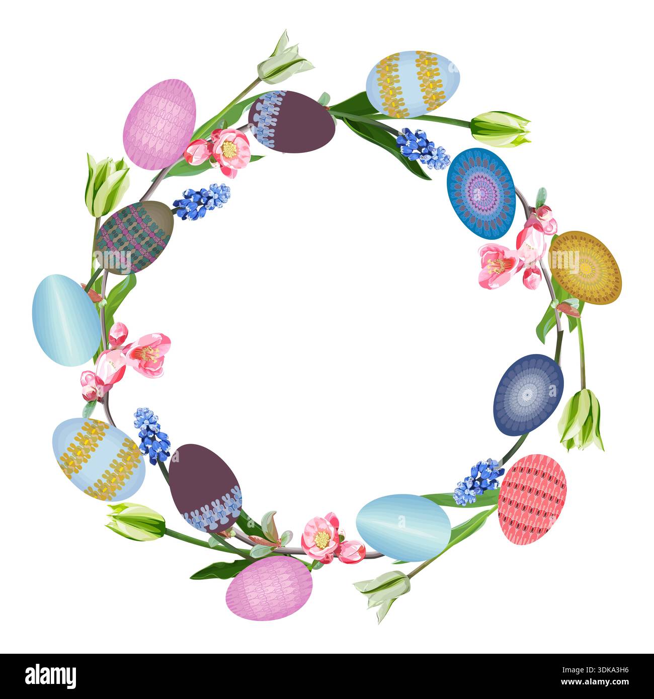 Wreath with Easter eggs and spring flowers on a white background Stock Vector