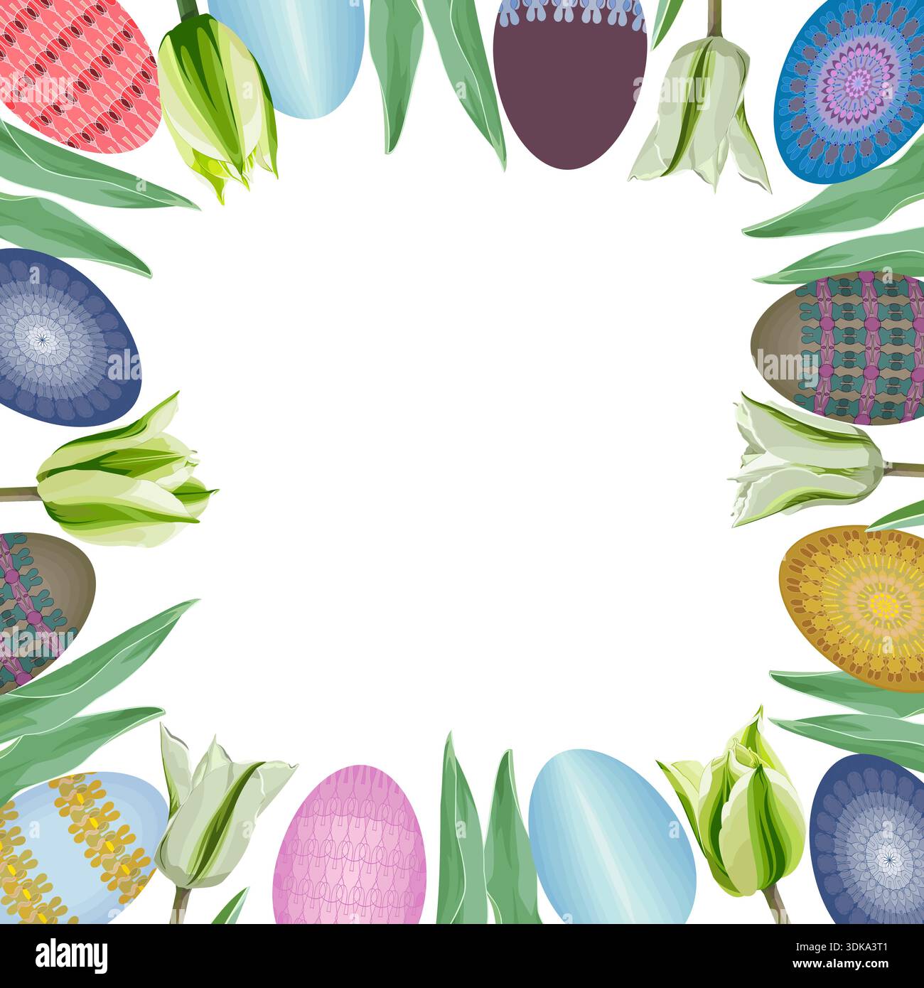 Square frame with Easter eggs and tulips on a white background Stock Vector
