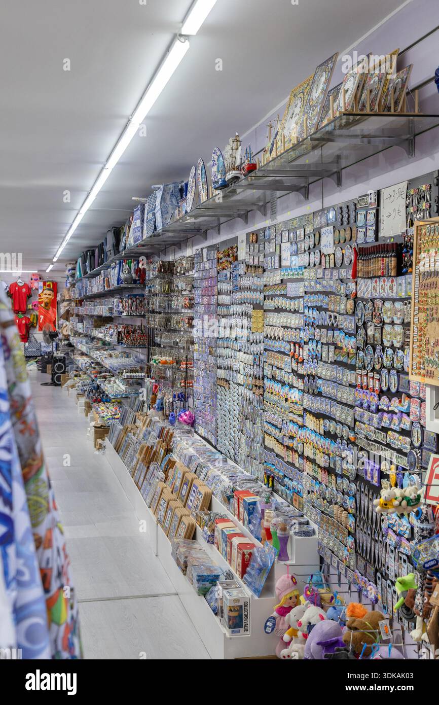 Crowded Shop Shelves With Labels. Busy Neighborhood Shop In Portugal ...