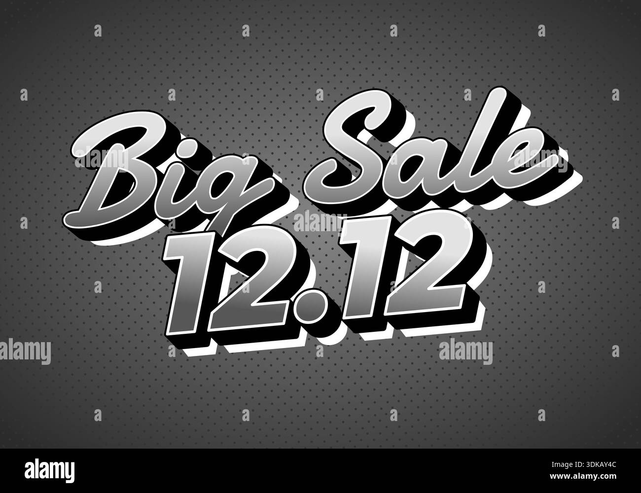 Monochrome promo banner with 3d script text big sale and bold date 12.12 on dark halftone background, retro style, high contrast. - Stock Image