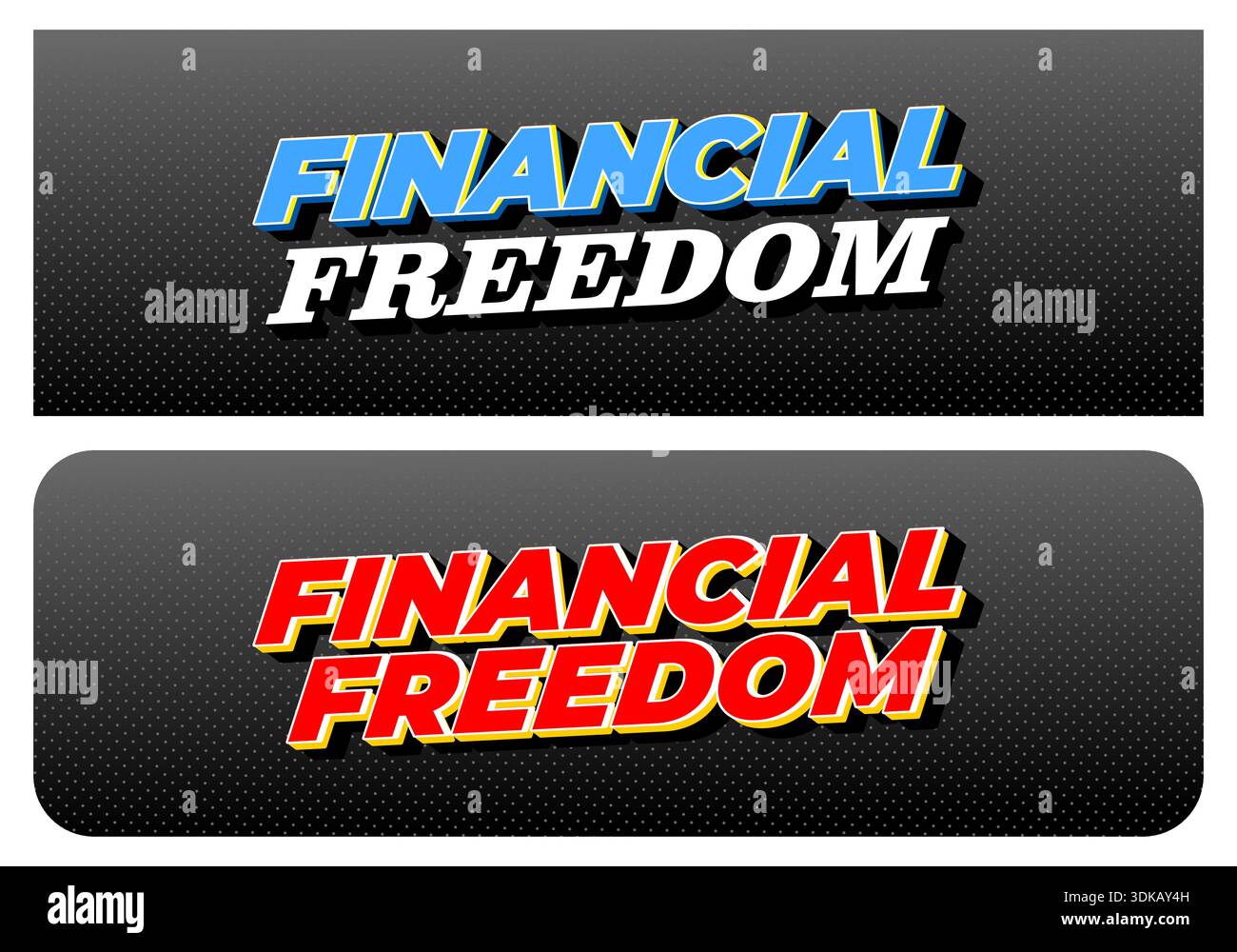 Two black rounded banners with bold 3d text reading financial freedom in blue and in red, comic pop art style with dotted gradient background. - Stock Image