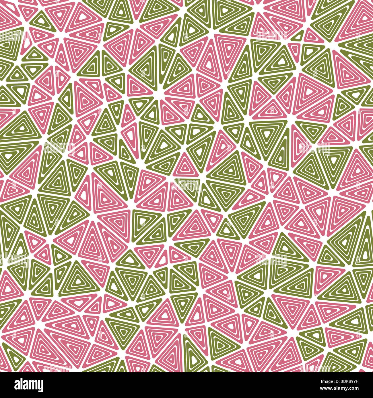 Mosaic triangles shapes background. Compact shape size. Multiple repeated inner triangles. Multiple colors style. Repeatable pattern. Stock Vector