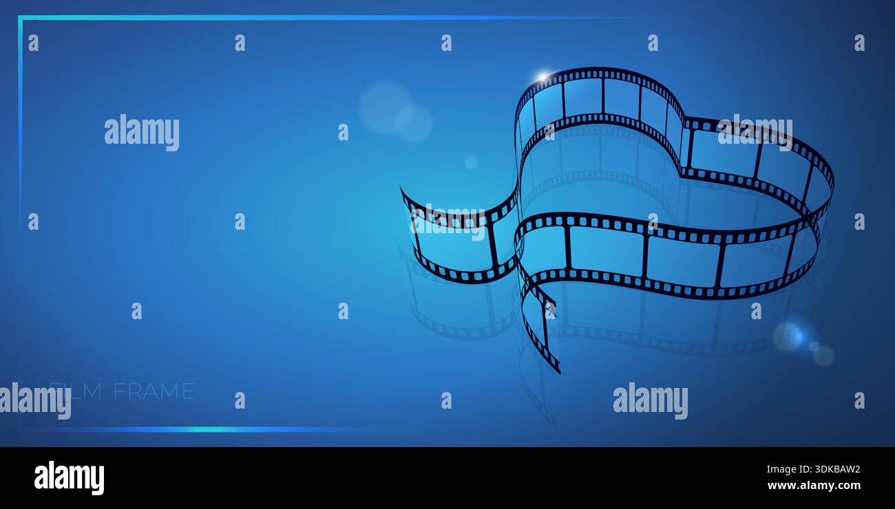 Film frame banner with filmstrip folded into a heart shape on blue ...