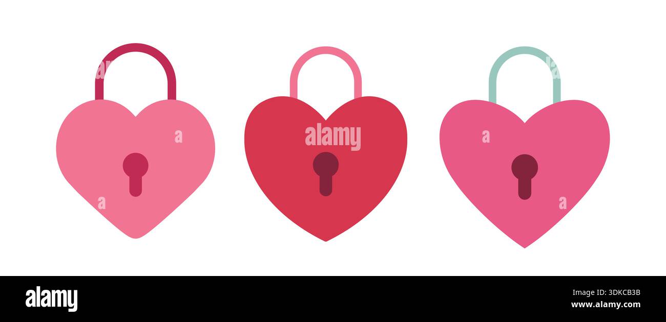 Set of valentine's day love lock flat vector illustration. Heart shaped ...