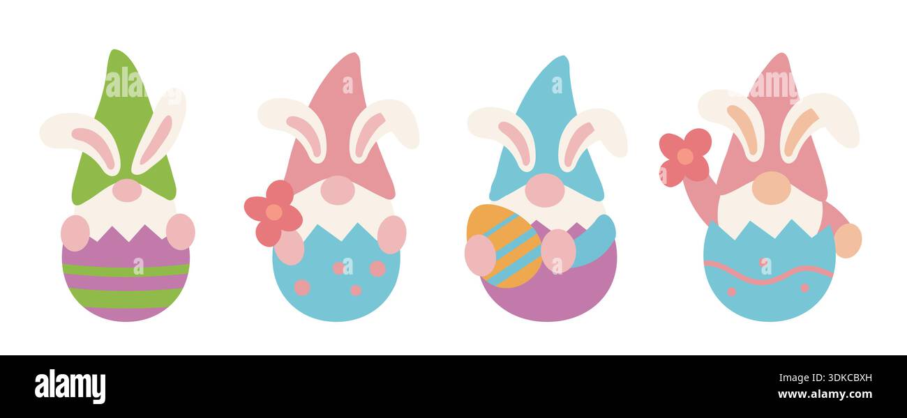 Easter Gnome Sitting Inside Eggshell Flat Vector Illustration Set. Cute Easter Gnome in Eggshell, Spring Holiday Flat Vector. Easter Gnome Characters. Stock Vector