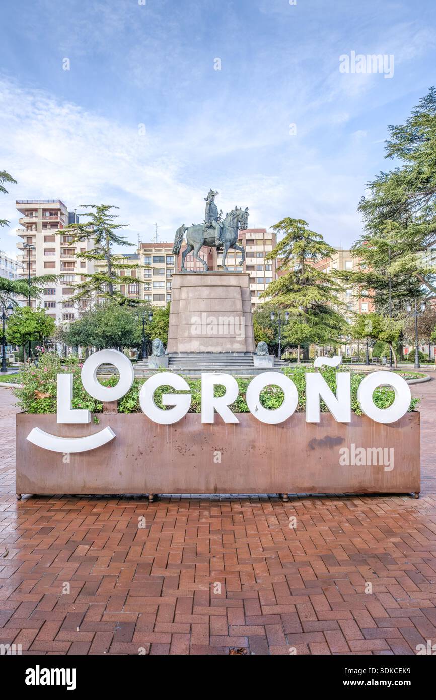 Logrono City Sign and Espartero Monument at Espolon Square, Spain Stock Photo