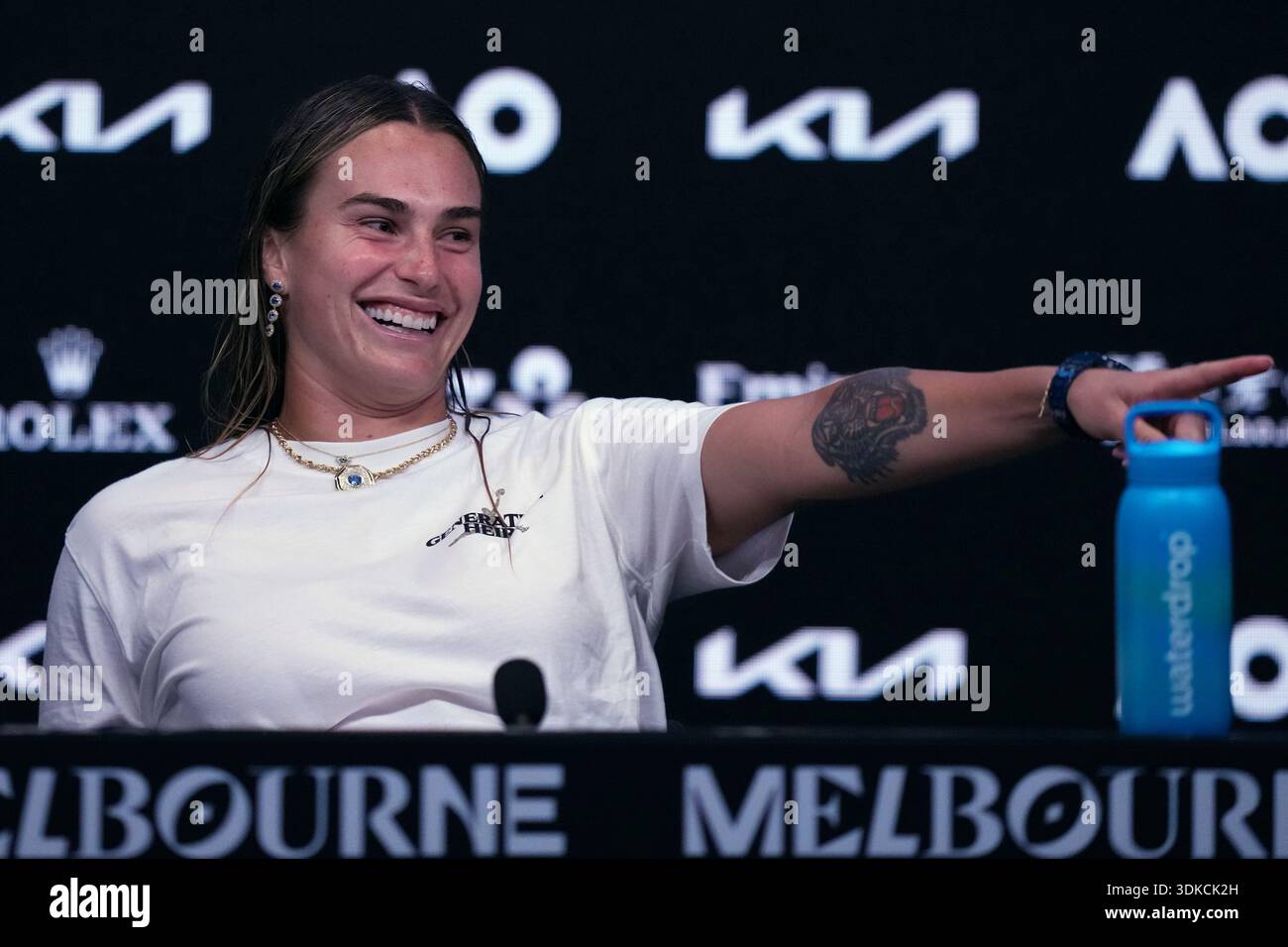 Aryna Sabalenka of Belarus gestures during a press conference following ...