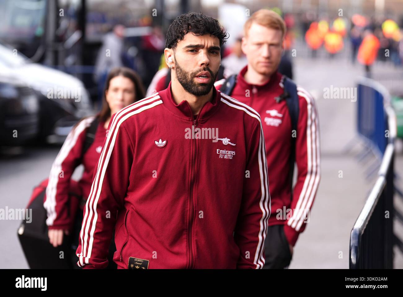 Arsenal goalkeeper David Raya arrives to the stadium ahead of the ...