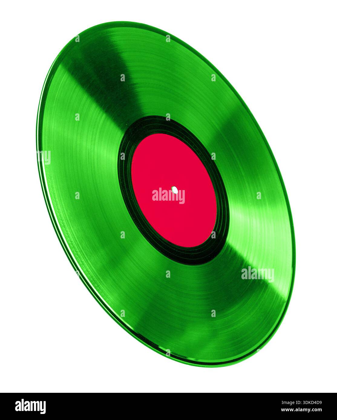 Green analog vinyl record featuring a pink label, ready for classic music playback Stock Photo