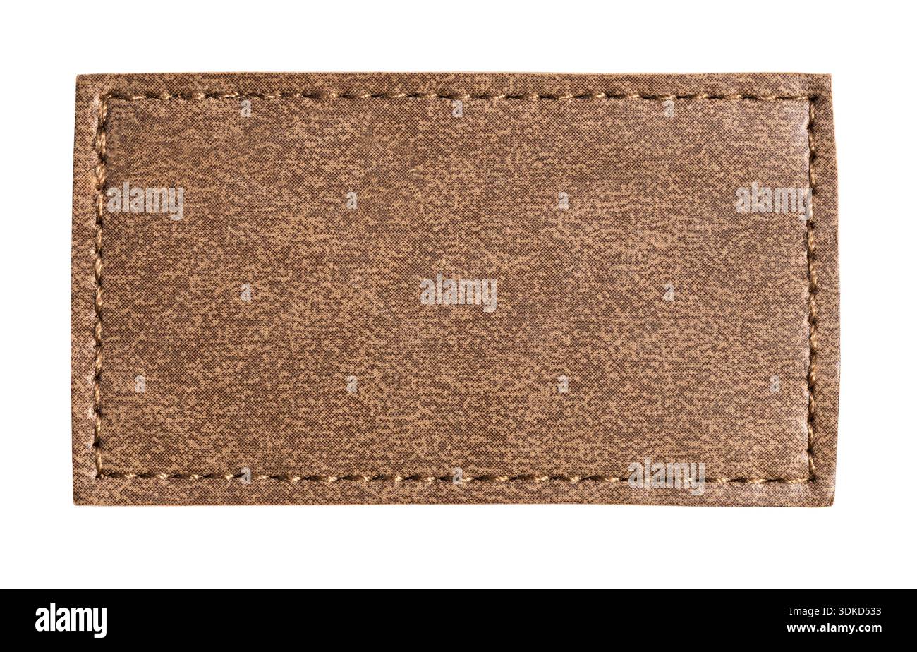 Empty rectangular brown leather patch with visible stitching, isolated with a transparent background Stock Photo