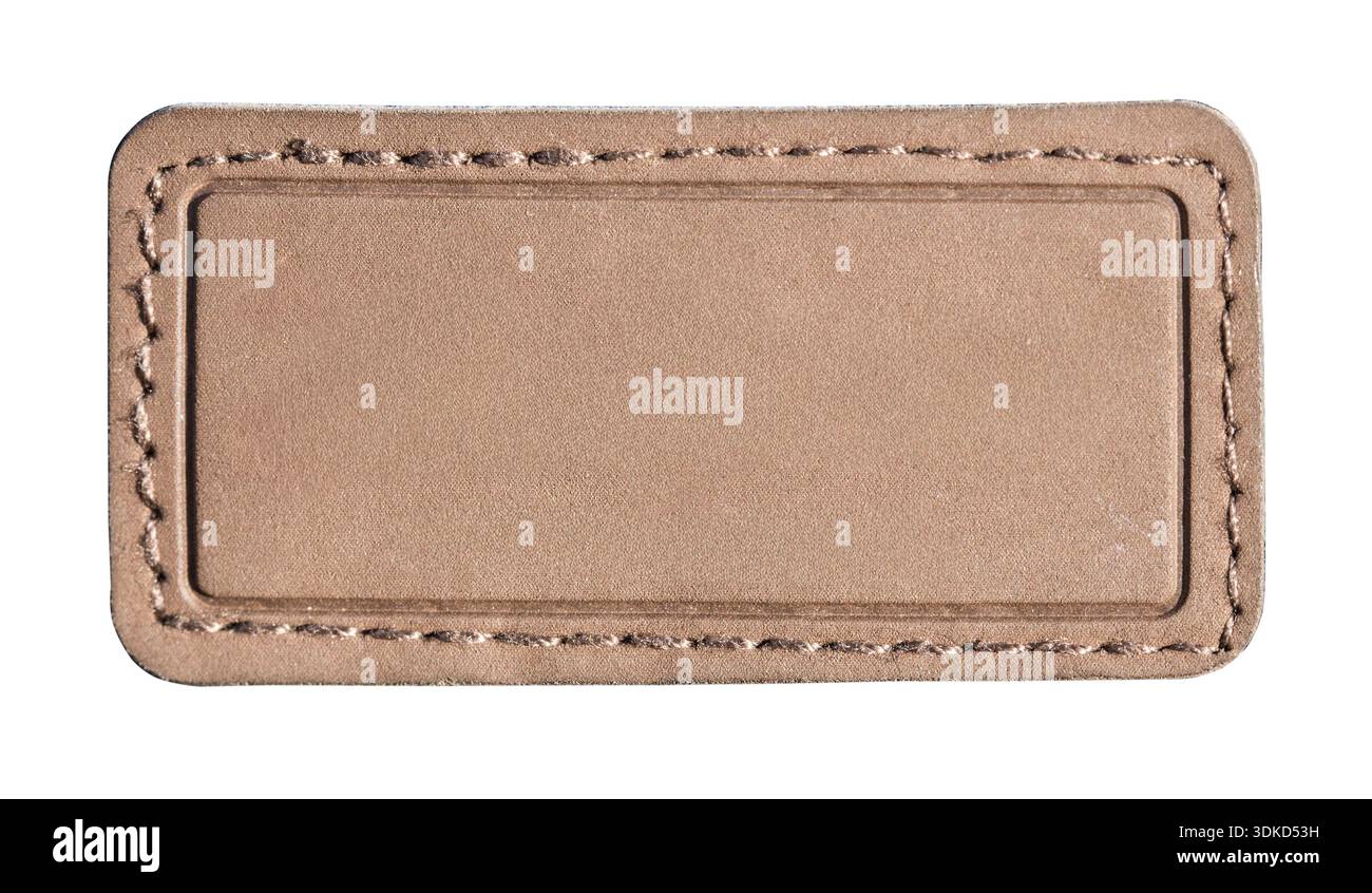 Rectangular brown leather patch with stitched border creating an empty label space, isolated on a transparent background Stock Photo