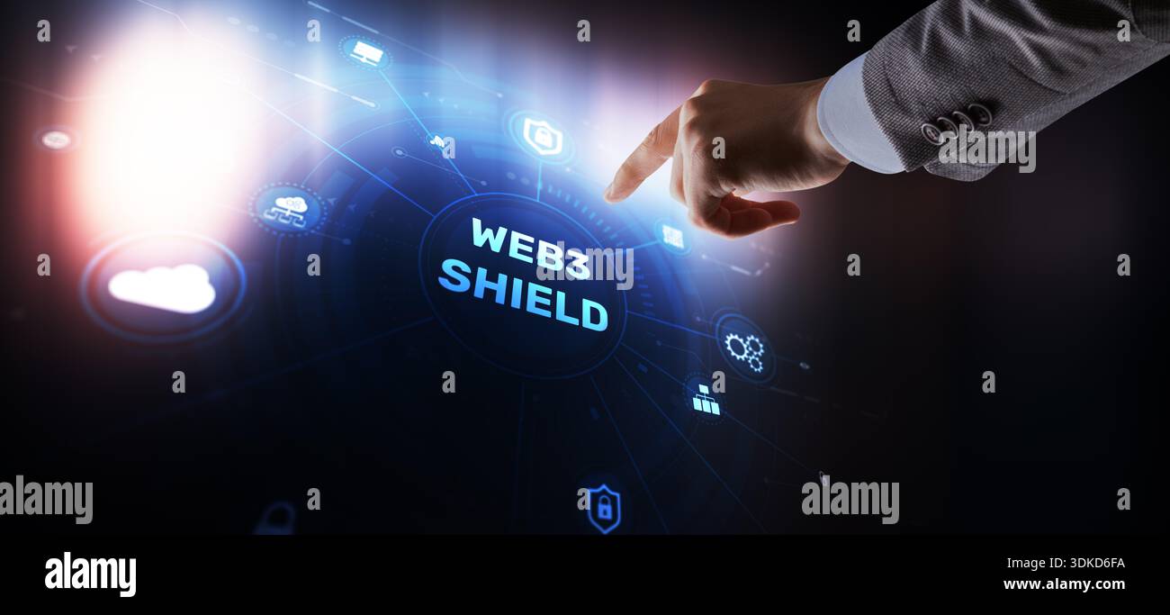 Web3 Shield, Cybersecurity, Advanced Web3 shield technology with blockchain protection protocols. Stock Photo