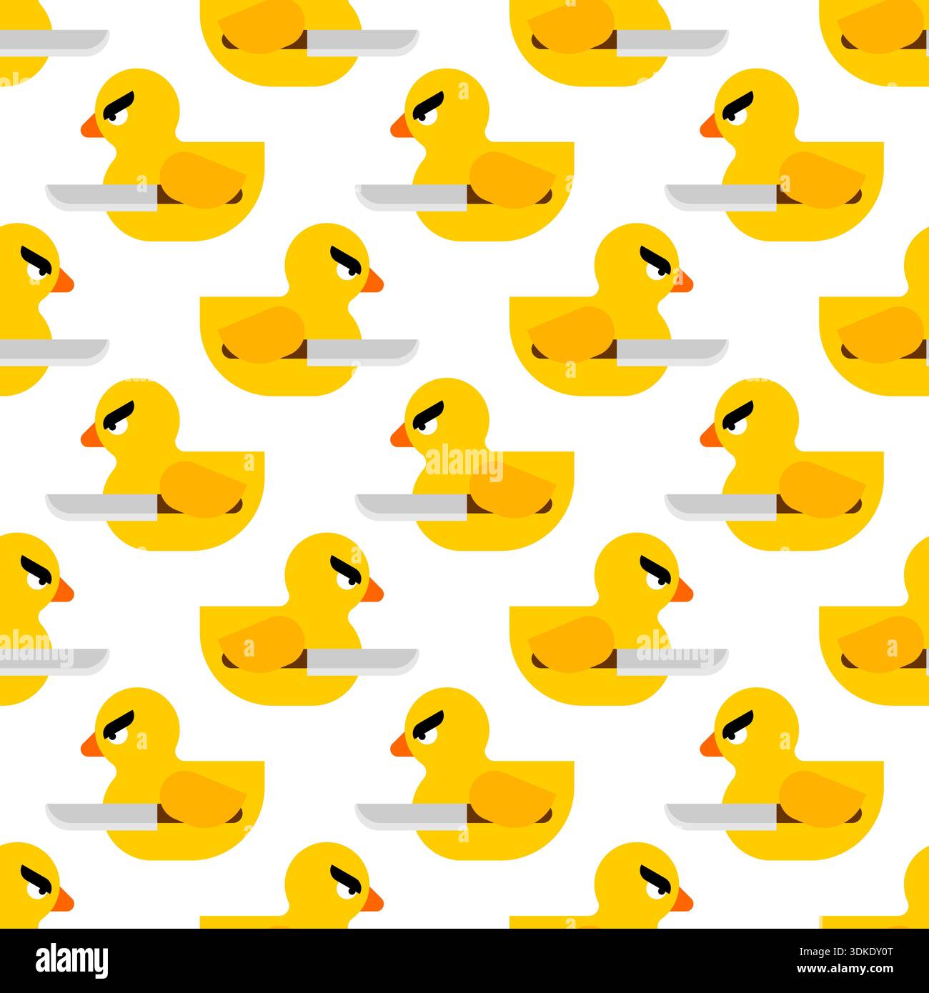 pattern of yellow rubber ducks holding knives on a white background. Humorous and aggressive Stock Vector