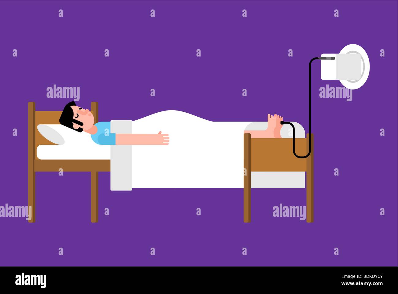 man sleeping in a hospital-style bed connected to a charging wire, symbolizing the biological need for rest. Creative illustration of energy managemen Stock Vector