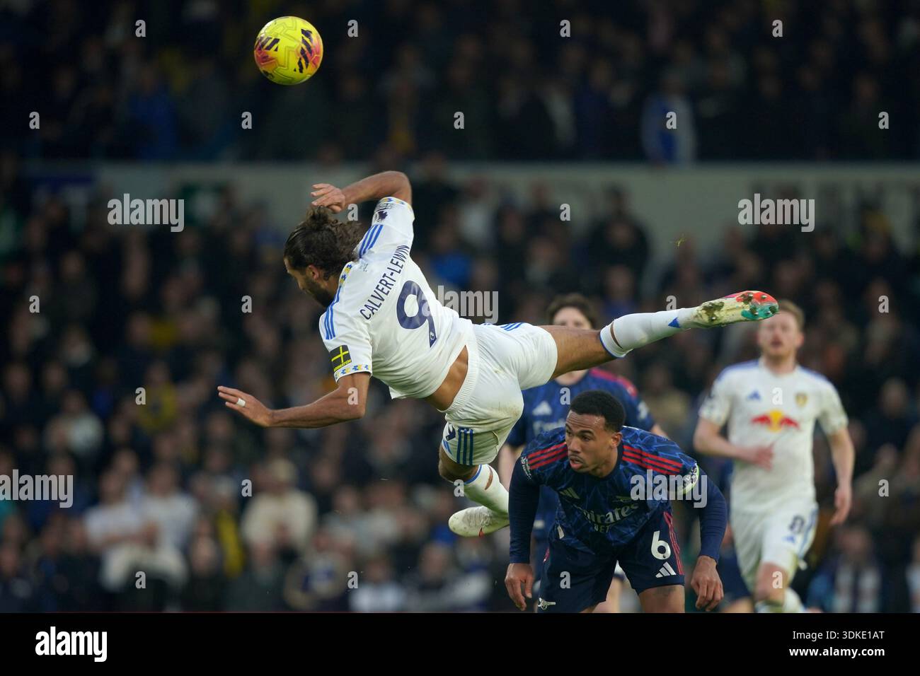 Leeds' Dominic Calvert-Lewin, left, and Arsenal's Gabriel challenge for the ball during the English Premier League soccer match between Leeds United and Arsenal in Leeds, England, Saturday, Jan. 31, 2026. (AP Photo/Ian Leeds' Dominic Calvert-Lewin, left, and Arsenal's Gabriel challenge for the ball during the English Premier League soccer match between Leeds United and Arsenal in Leeds, England, Saturday, Jan. 31, 2026. (AP Photo/Ian