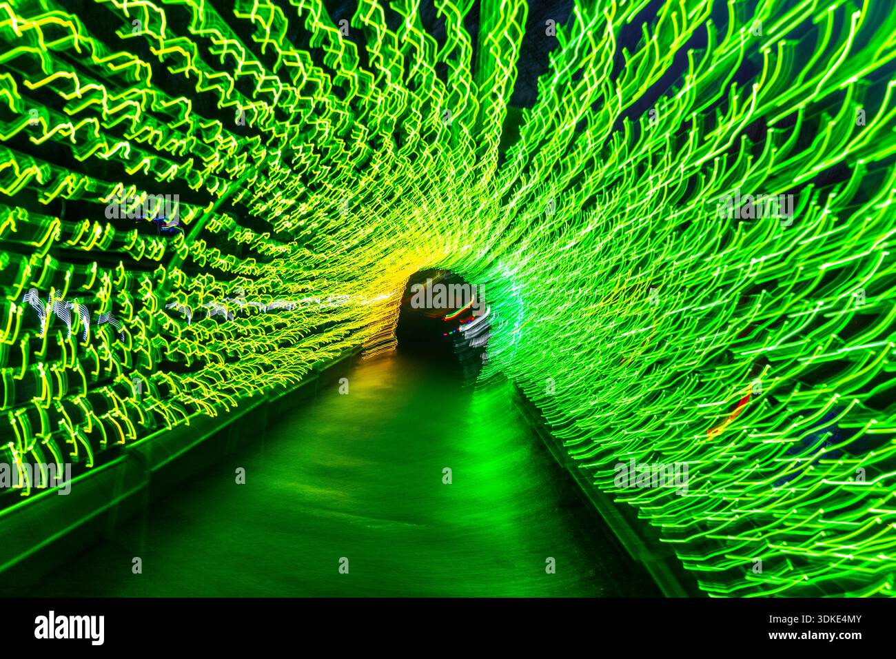 Licht, Tunnel, in Bewegung, Lichttunnel, wechselt die Lichtfarbe, Lichtinstallation beim Parkleuchten im Grugapark in Essen, bunte Lichter *** Light, tunnel, in motion, light tunnel, changes the light color, light installation at Parkleuchten