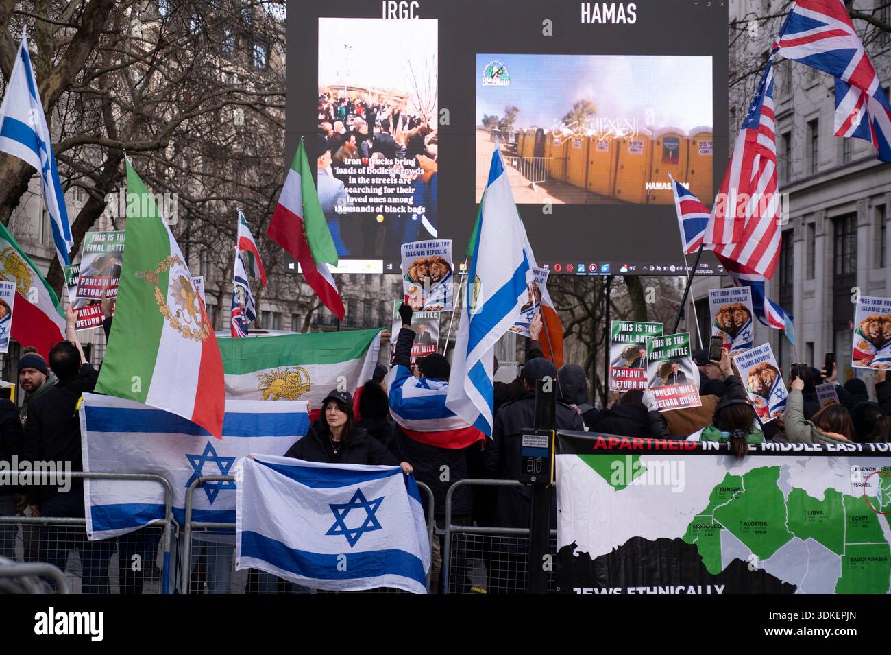 On January 31st 2026 people demonstrate in Central London against the war in Gaza. A counter demonstration pro Israel, anti Iran. Stock Photo
