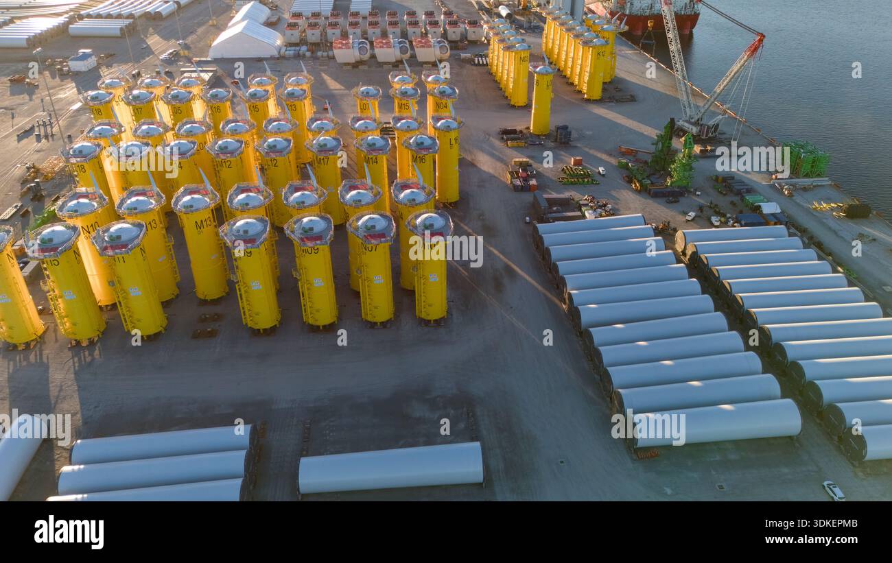 Aerial view of wind turbine components storage at logistics hub Stock ...