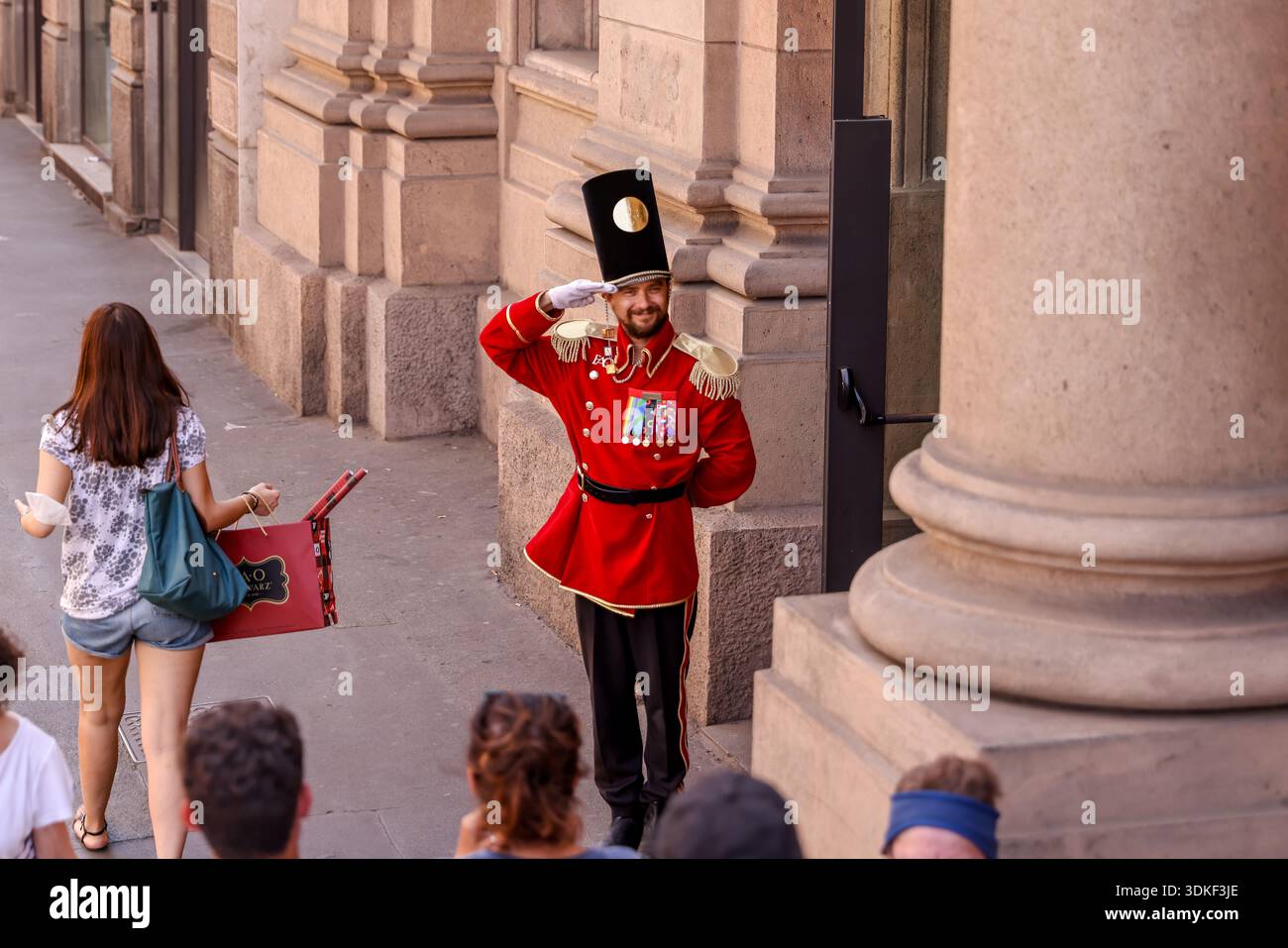 Toy soldier street performer outside FAO Schwarz toy store in Milan, Lombardy, Italy. Stock Photo