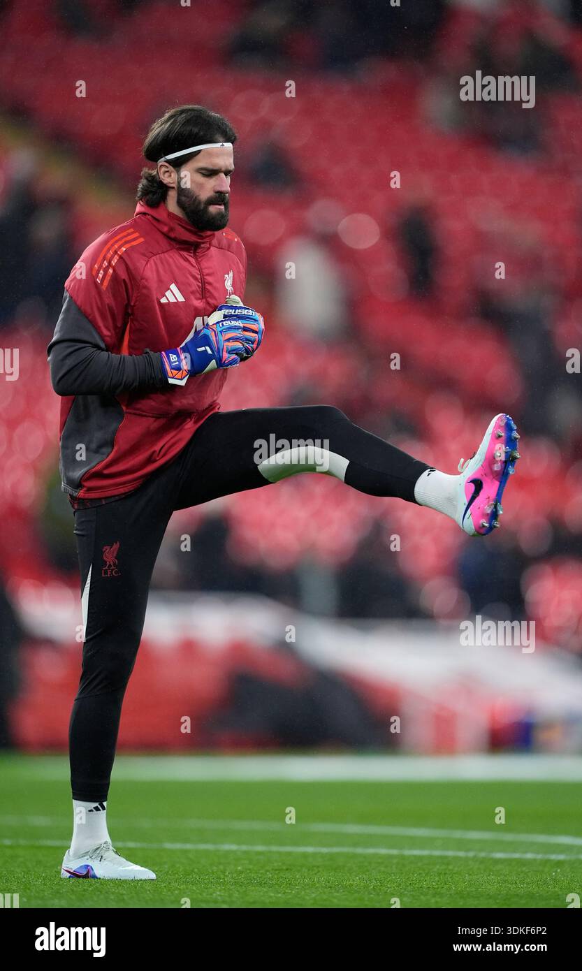 Liverpool goalkeeper Alisson Becker warms up before the Premier League ...