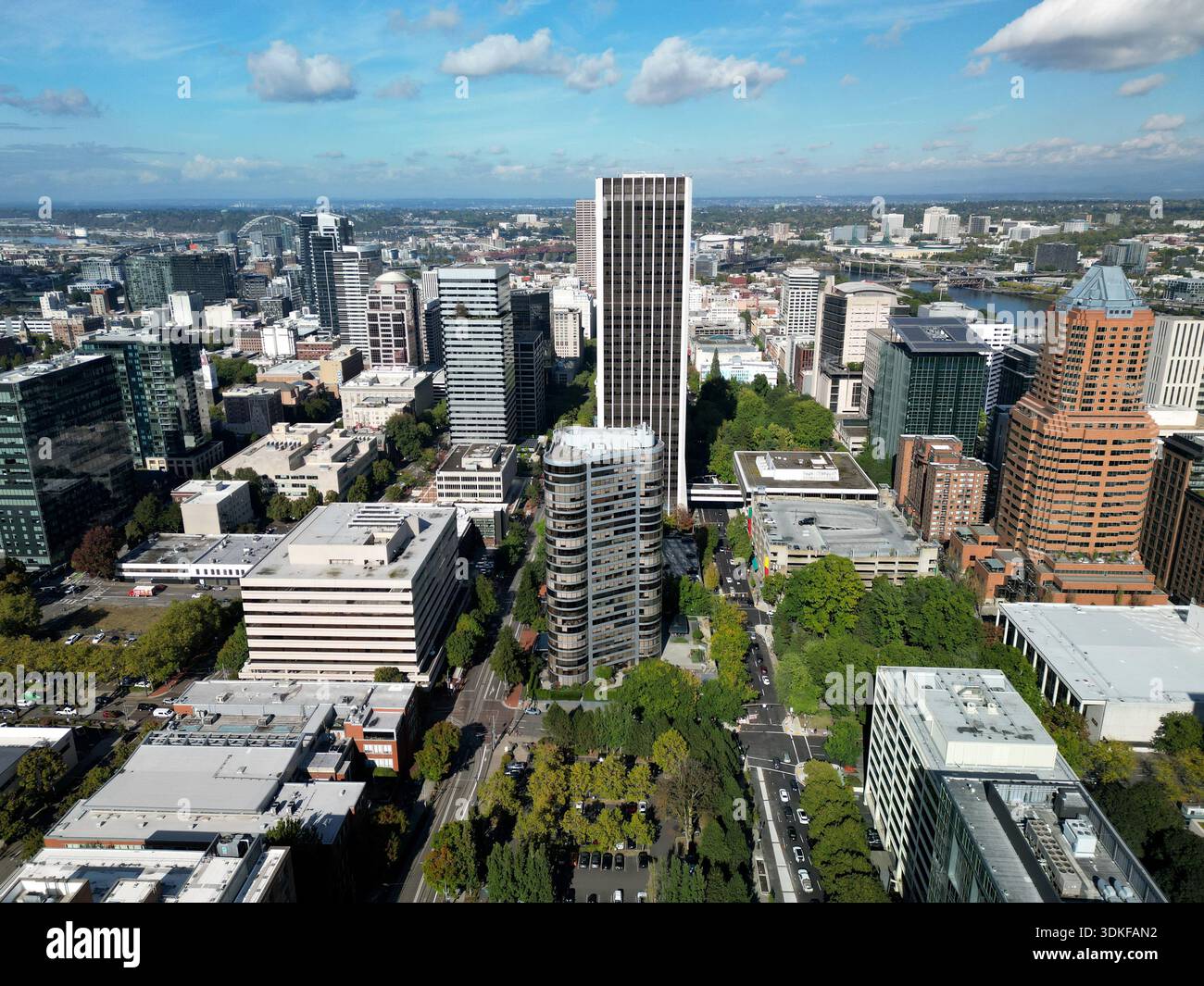 Aerial view of downtown Portland from the center of the city including the Wells Fargo tower, tallest in the city Stock Photo