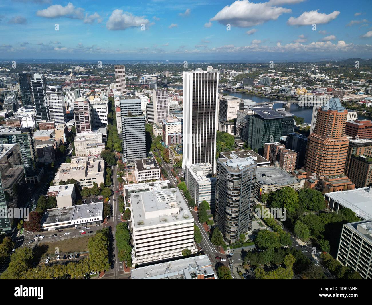 Aerial view of downtown Portland from the center of the city including the Wells Fargo tower, tallest in the city Stock Photo