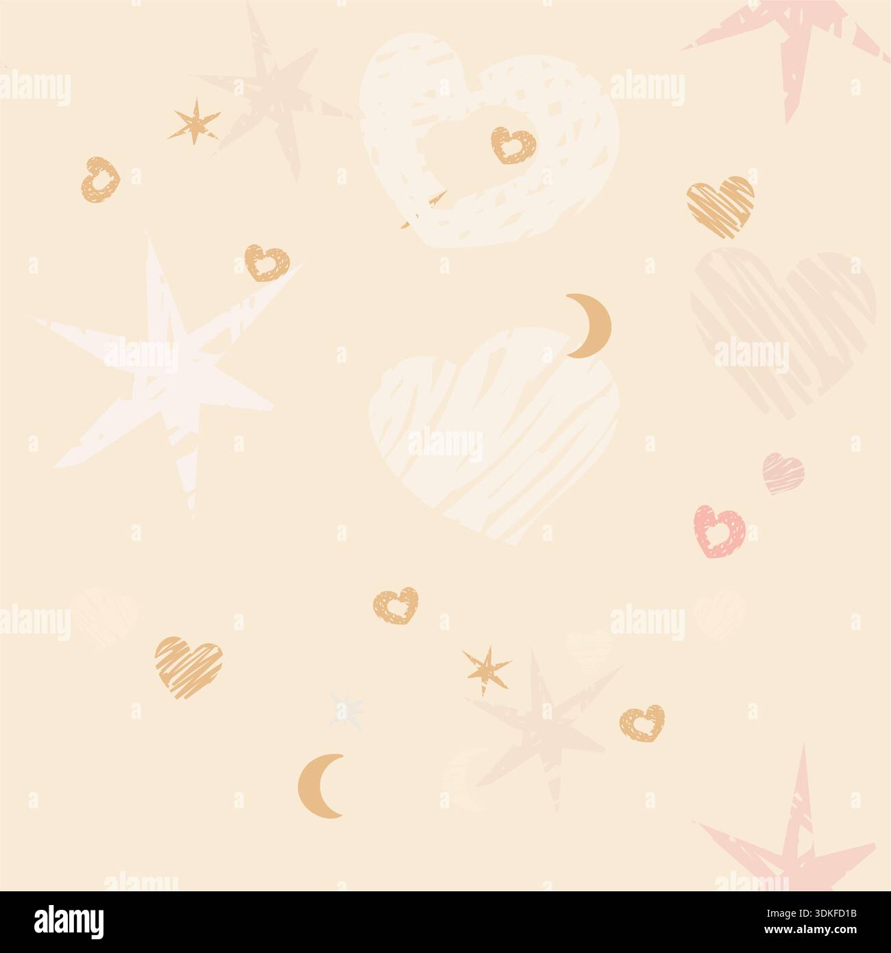 Boho seamless pattern pastel-colored hearts, stars, moons, and abstract scribble elements Stock Vector