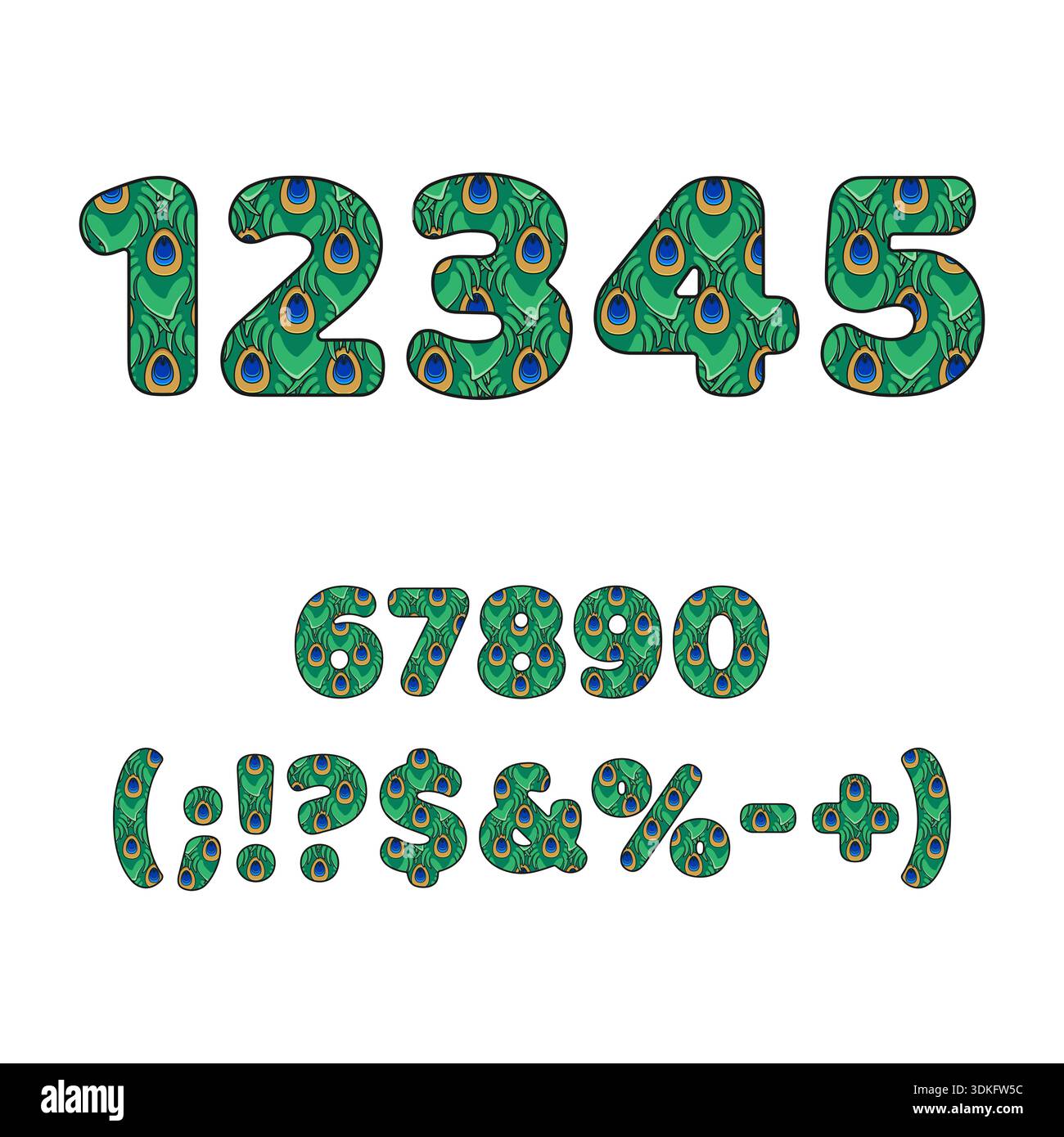 Numbers and symbols made from peacock feathers. Isolated vector objects on white background. Stock Vector