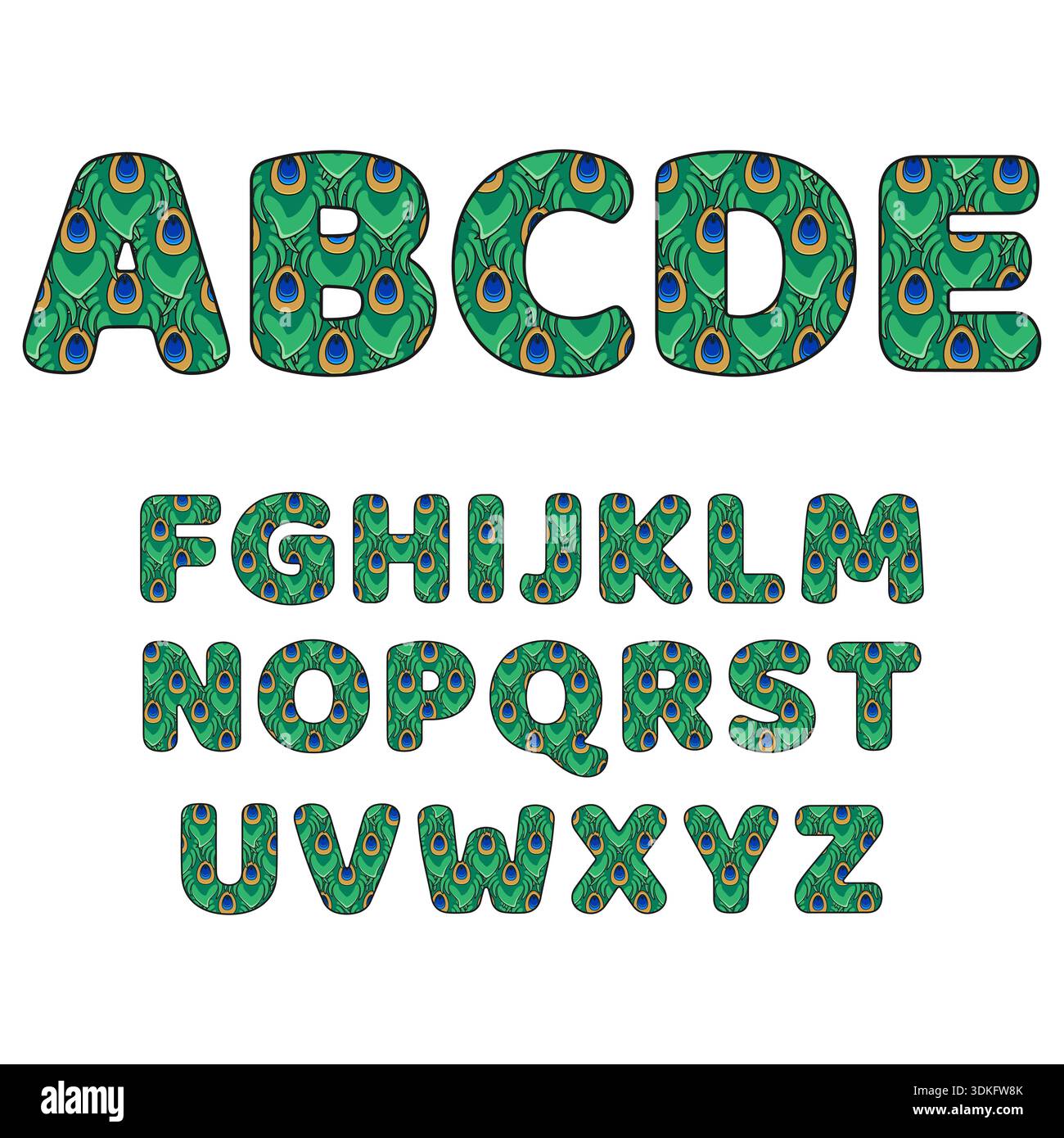 Font, alphabet made from peacock feathers. Isolated vector objects on white background. Stock Vector