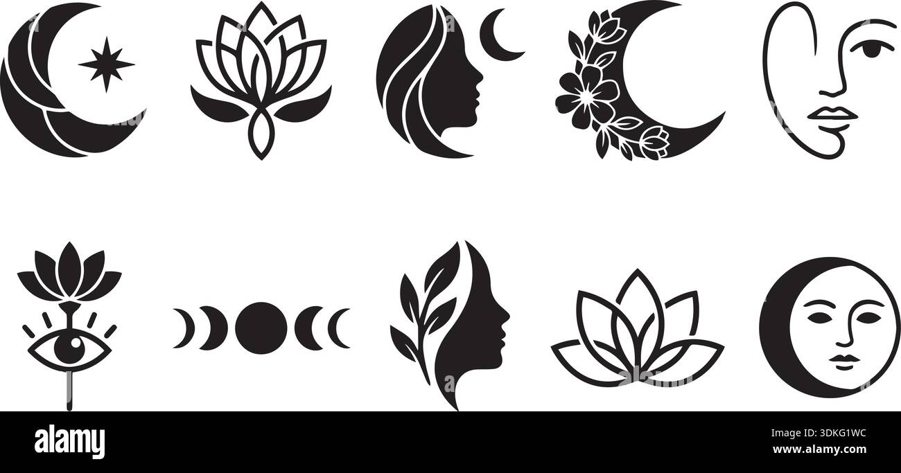 Really Simple Emblems Set featuring linear mystical logos includes moon phases, lotus flower ...