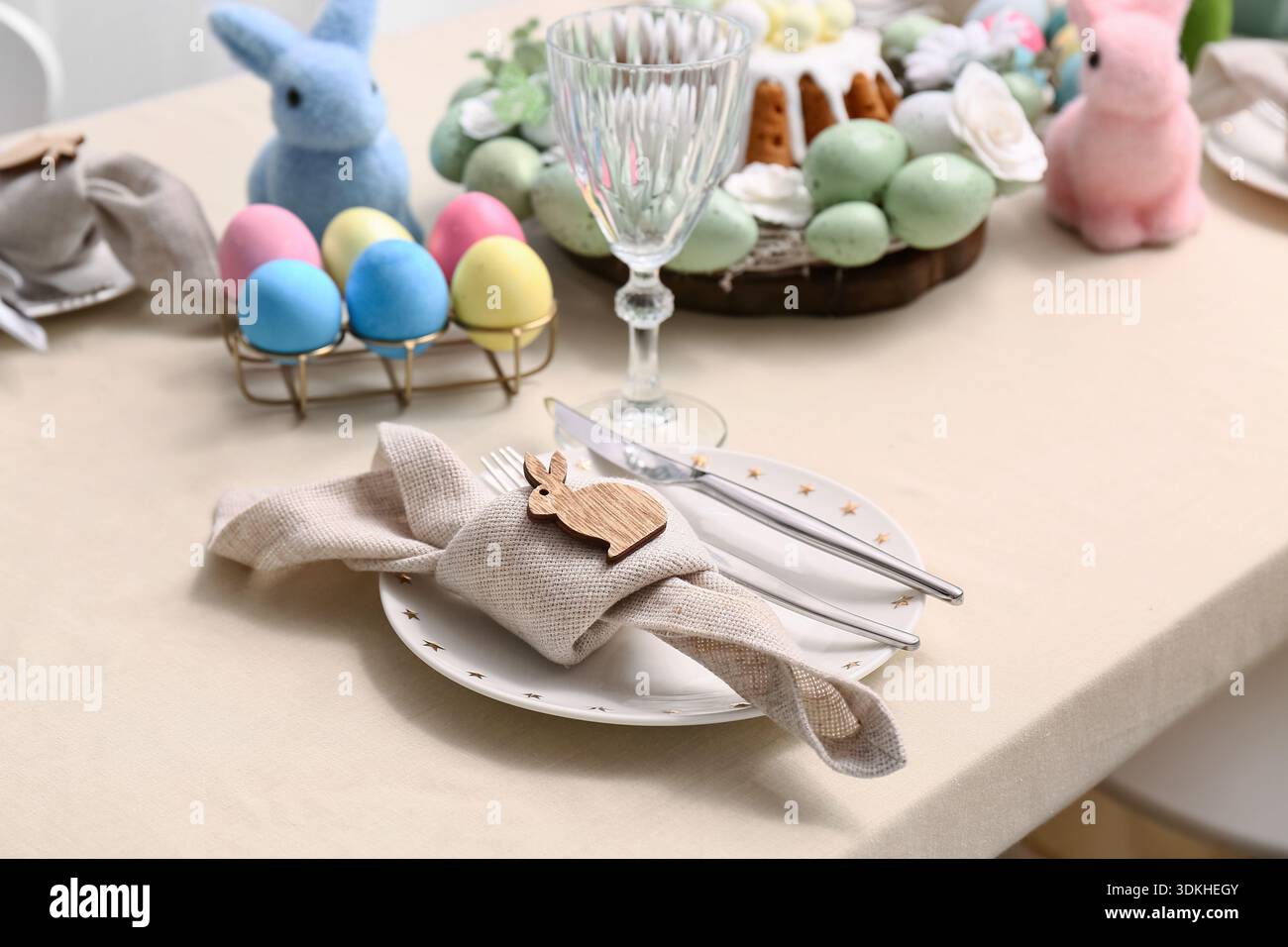 Table setting with Easter eggs, closeup Stock Photo