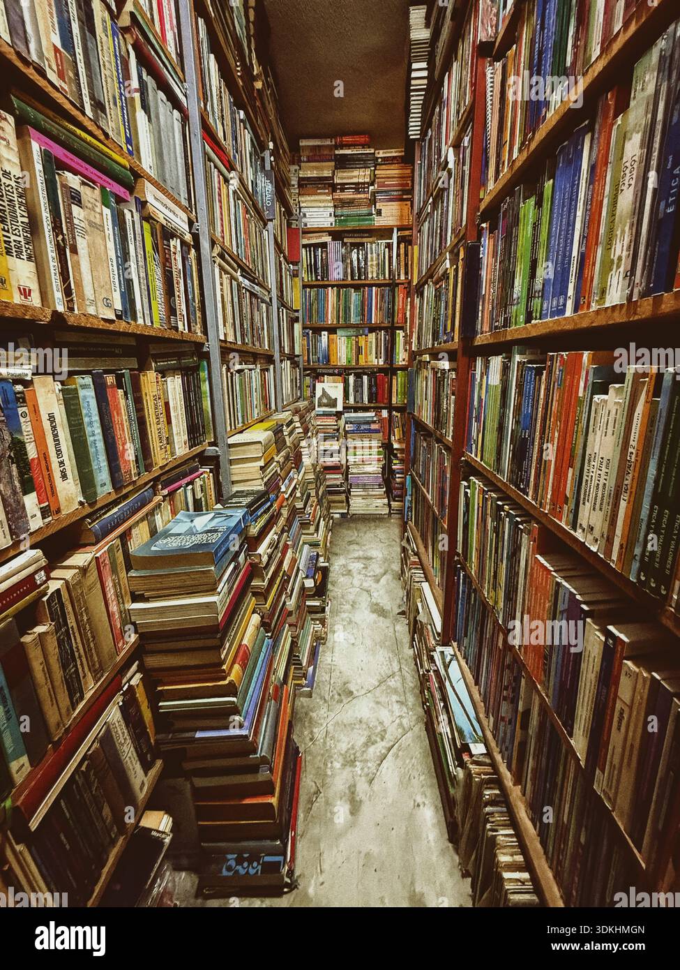 Narrow passage between tall bookshelves filled with an array of colorful books, creating a cozy and inviting atmosphere Stock Photo