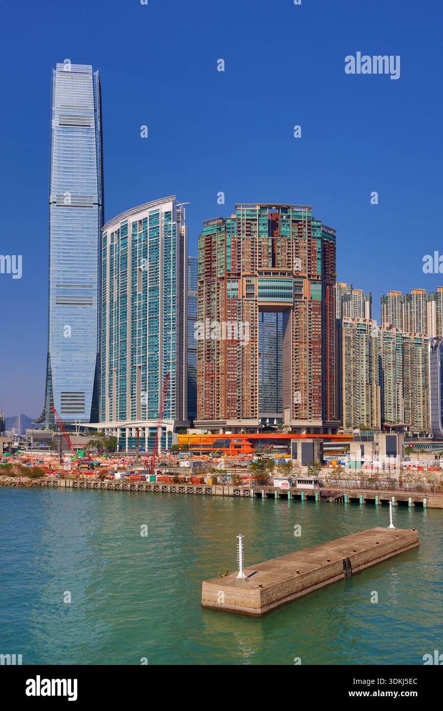 The ICC and buildings above Kowloon Station including The Arch, The Waterfront, Sorrento and Elements shopping centre in Hong Kong, China Stock Photo