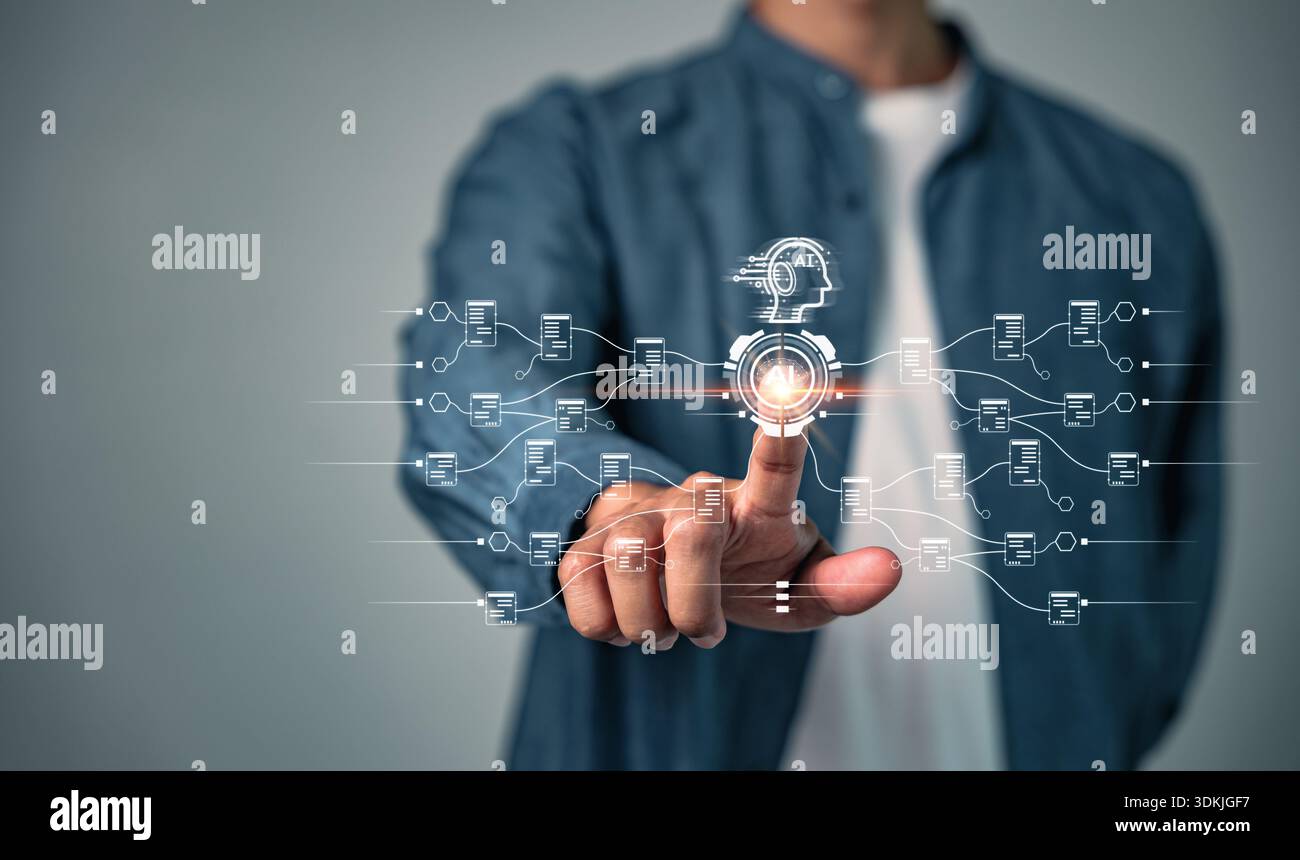 AI is visualized with a human hand touching a glowing digital interface, connecting robot technology and data, which symbolizes future development and Stock Photo