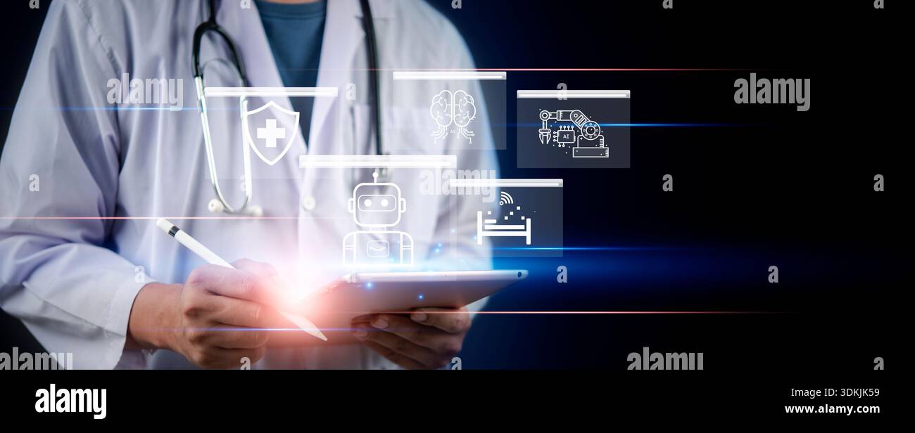 Doctor using tablet with AI healthcare icons, artificial intelligence technology in medicine for patient care, diagnosis, and hospital management. Stock Photo