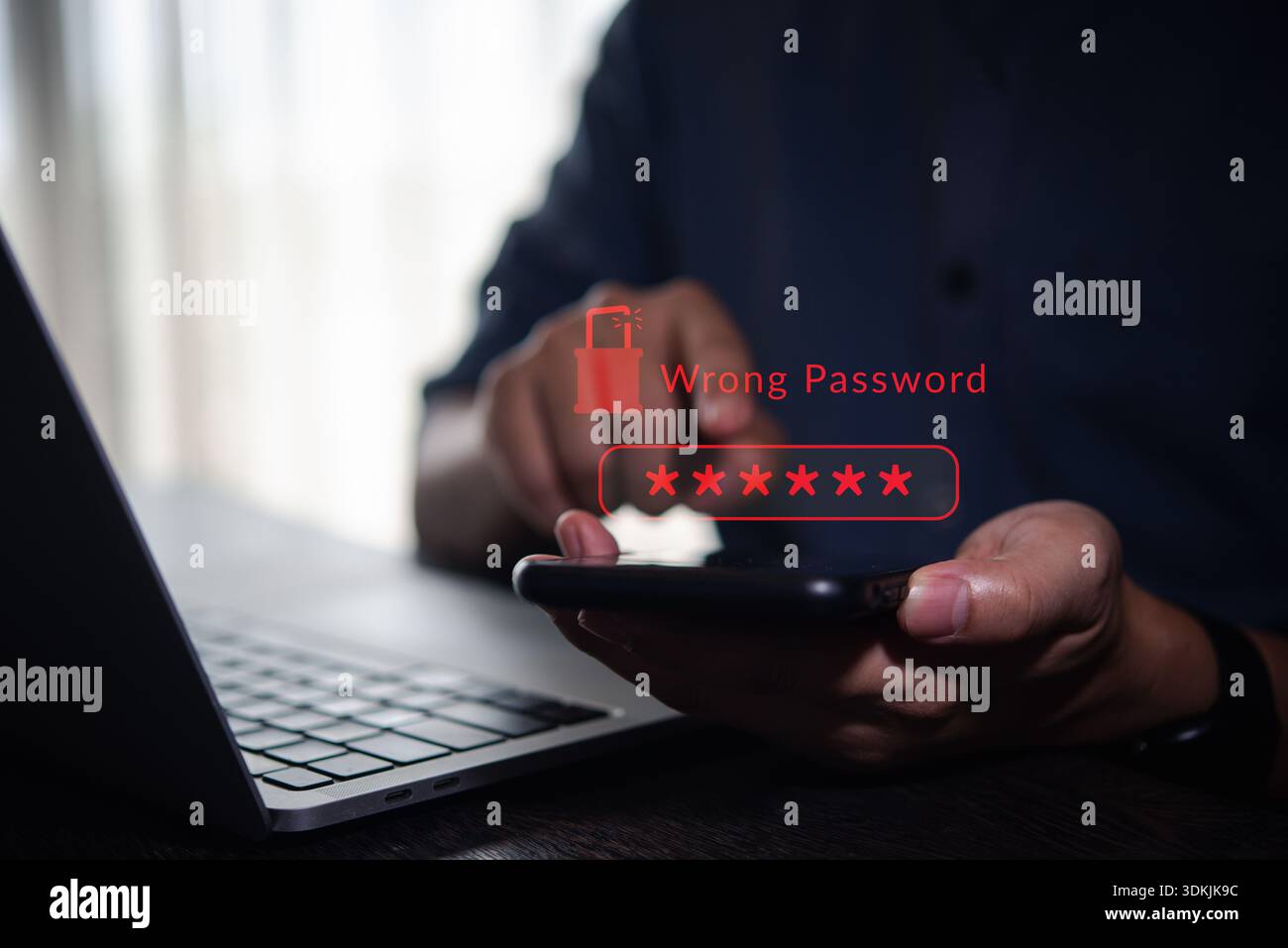 Cybersecurity warning with wrong password error message on smartphone ...