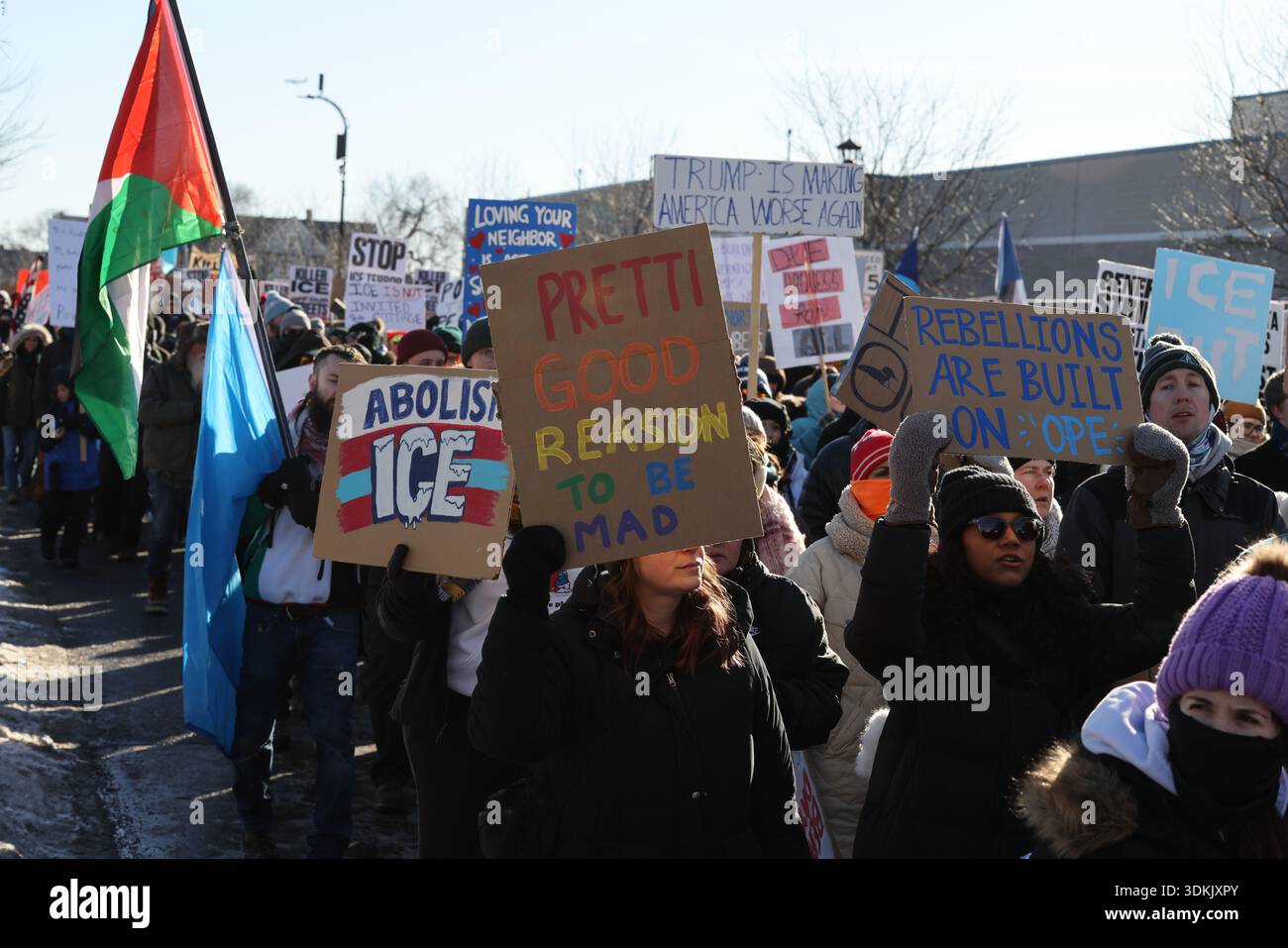 Minneapolis, MN, USA. 31st Jan, 2026. Demonstrators brave extreme cold ...