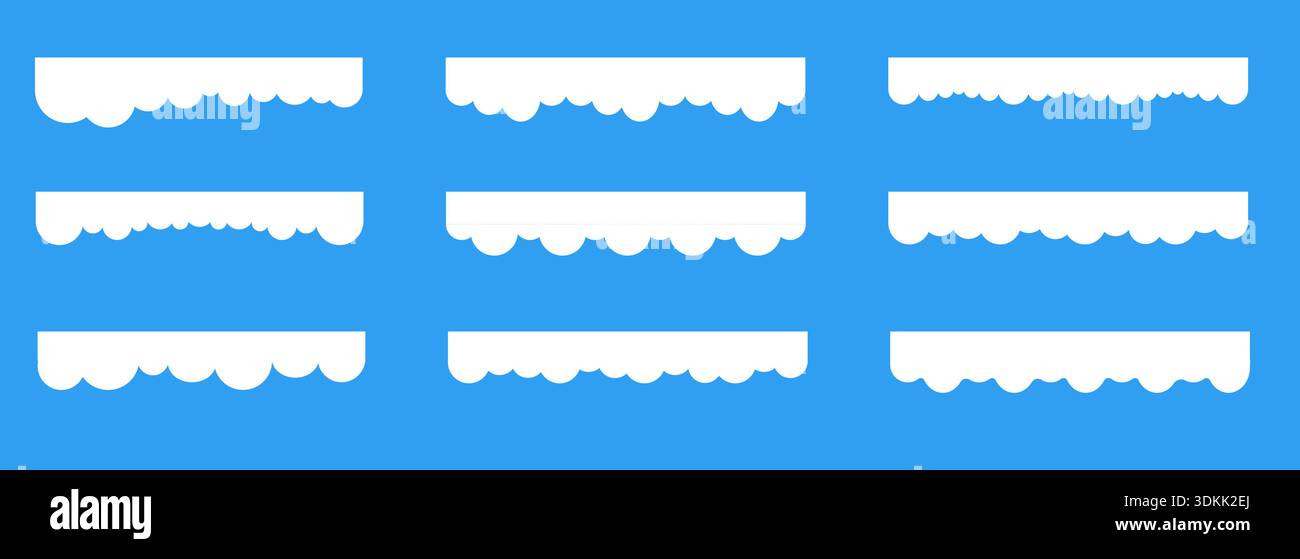Simple clouds divider web site separator set. Fluffy curve edge header section. Blue border for banner, frame bottom, template. Vector illustration Stock Vector