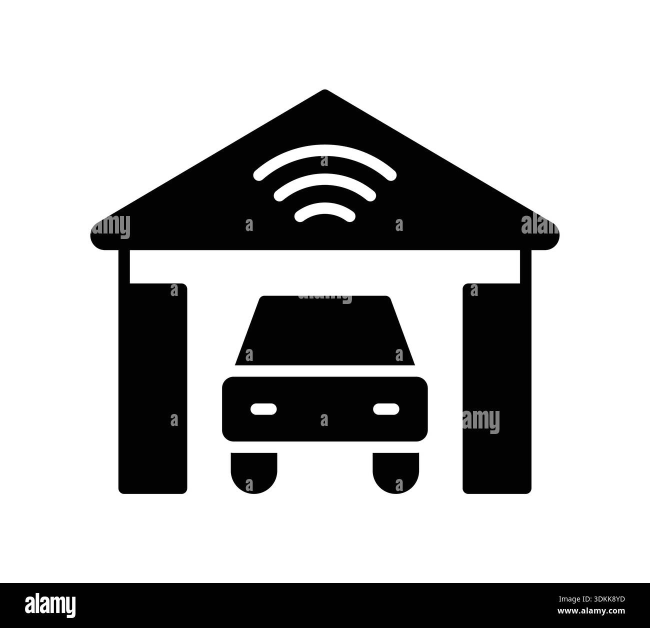 This icon depicts a modern garage with a car and wireless technology ...